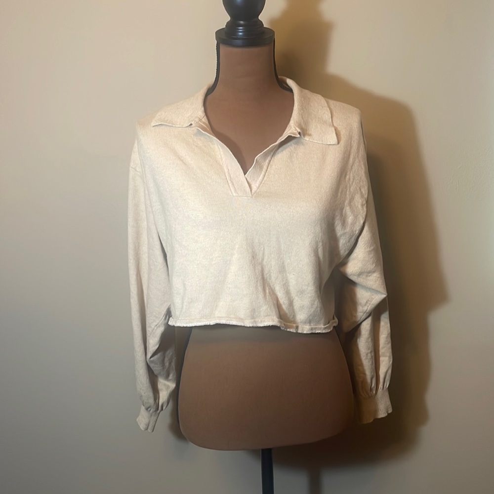 Cropped Tan Johnny Collar Long Sleeved Sweater